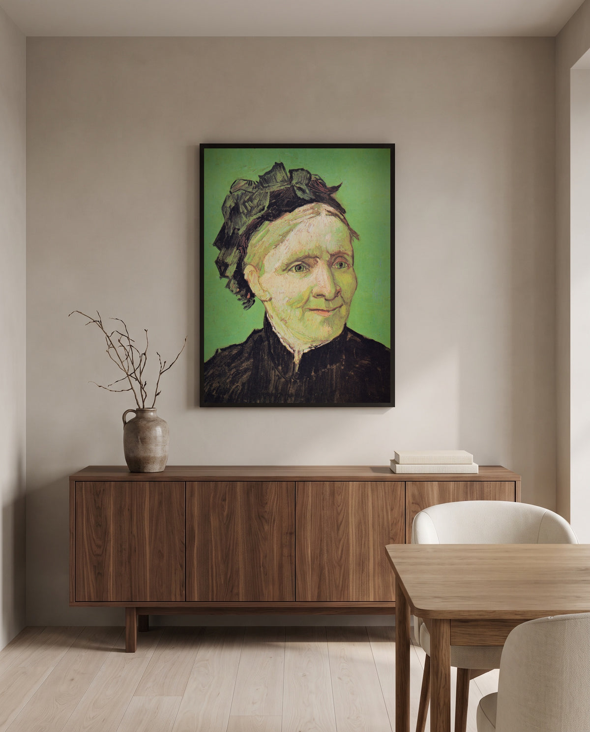 The Artist’s Mother by Vincent van Gogh in a black frame above a walnut sideboard in a dining room