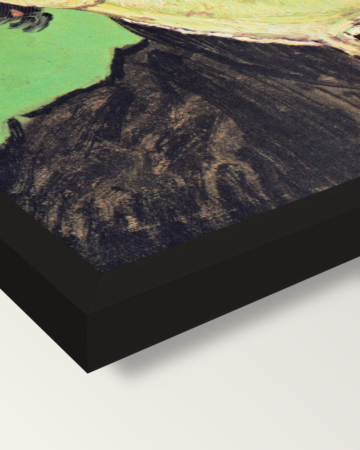 The Artist’s Mother by van Gogh framed print, corner close-up: black moulding, mitred, the print set just below its edge
