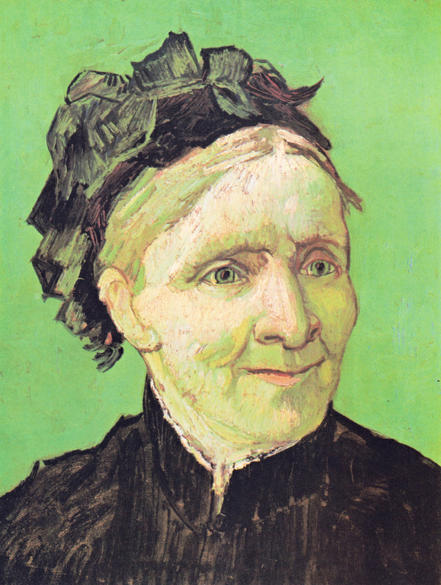 Portrait of the Artist’s Mother by Vincent van Gogh: an older woman in a dark dress and bonnet on a bright green ground