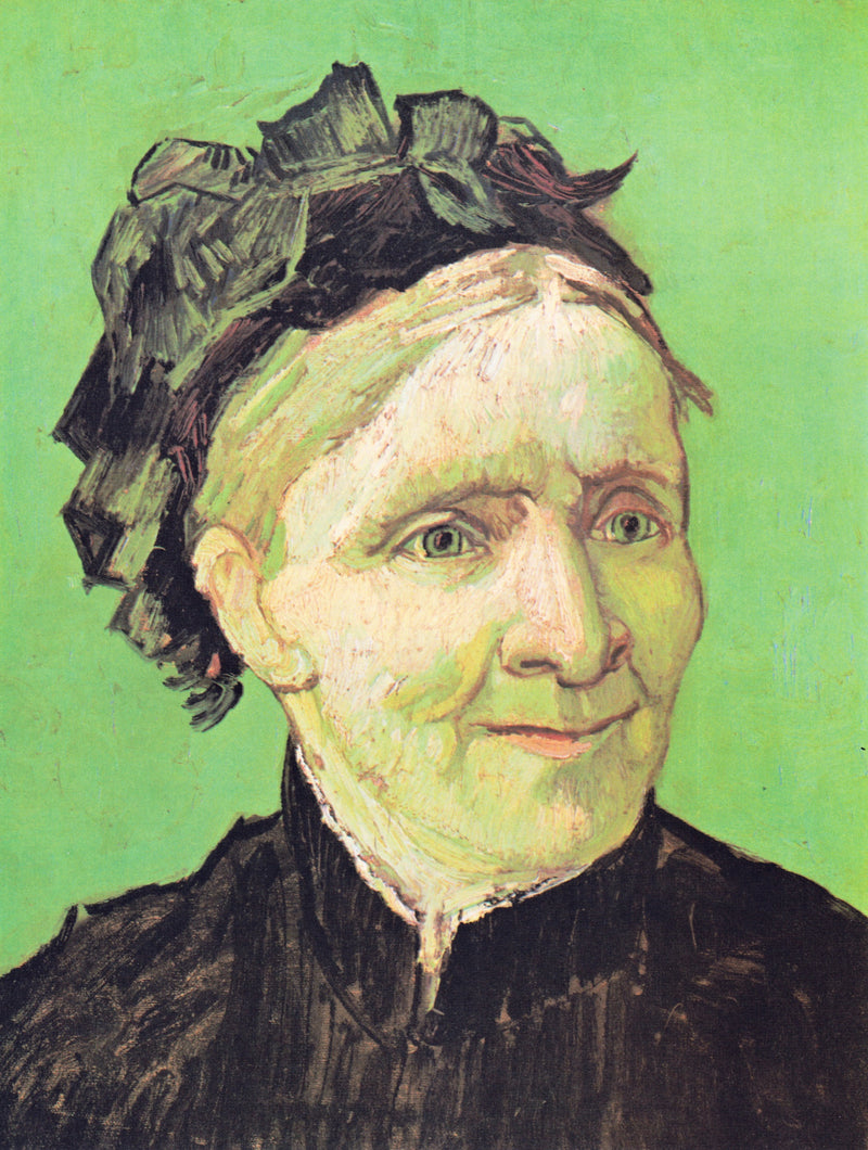 Portrait of the Artist’s Mother by Vincent van Gogh: an older woman in a dark dress and bonnet on a bright green ground