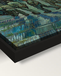 Prisoners Exercising by Vincent van Gogh framed canvas, corner close-up: black floating frame, painted edge in the shadow gap