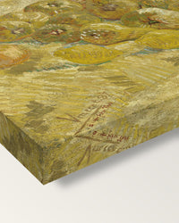 Quinces, Lemons, Pears and Grapes on stretched canvas, corner close-up: the painting mirror-wrapped round the sides