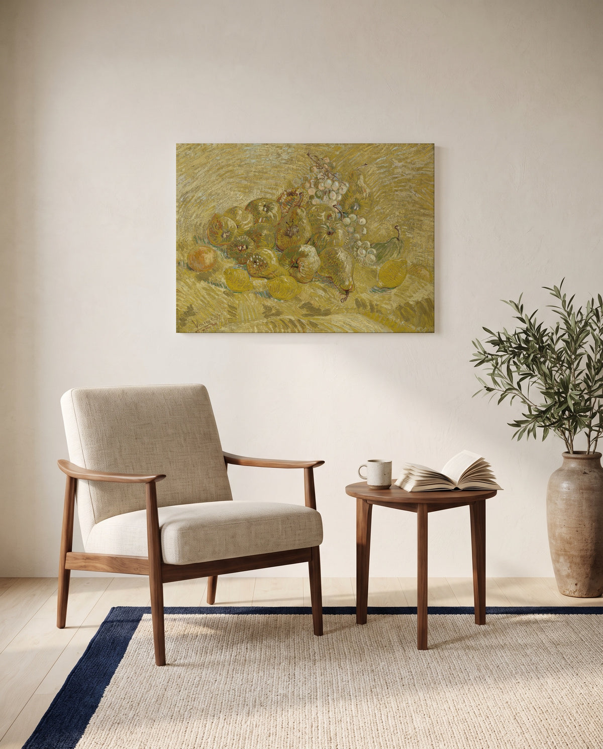 Quinces, Lemons, Pears and Grapes by Vincent van Gogh as a stretched canvas above a linen lounge chair in a reading corner