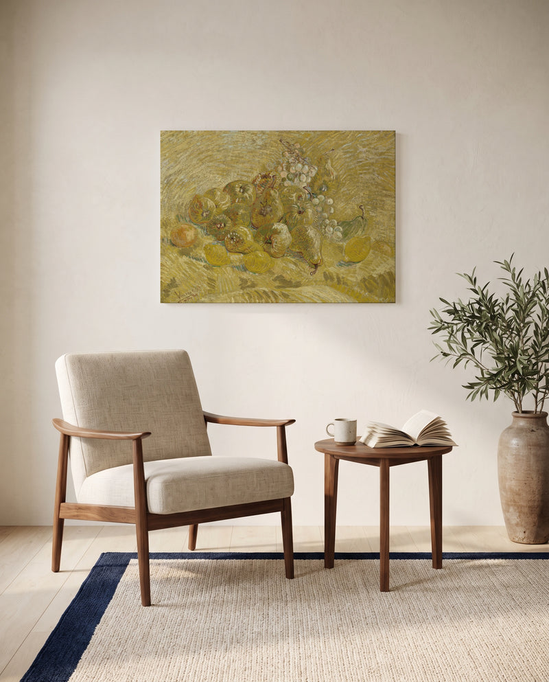 Quinces, Lemons, Pears and Grapes by Vincent van Gogh as a stretched canvas above a linen lounge chair in a reading corner