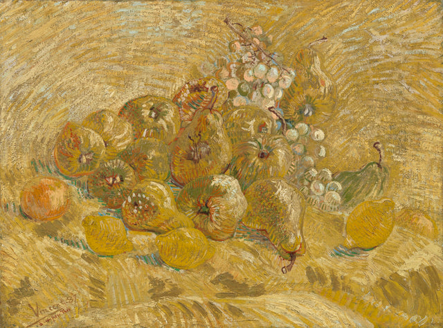 Quinces, Lemons, Pears and Grapes by Vincent van Gogh: yellow fruit and pale grapes heaped on a yellow ground