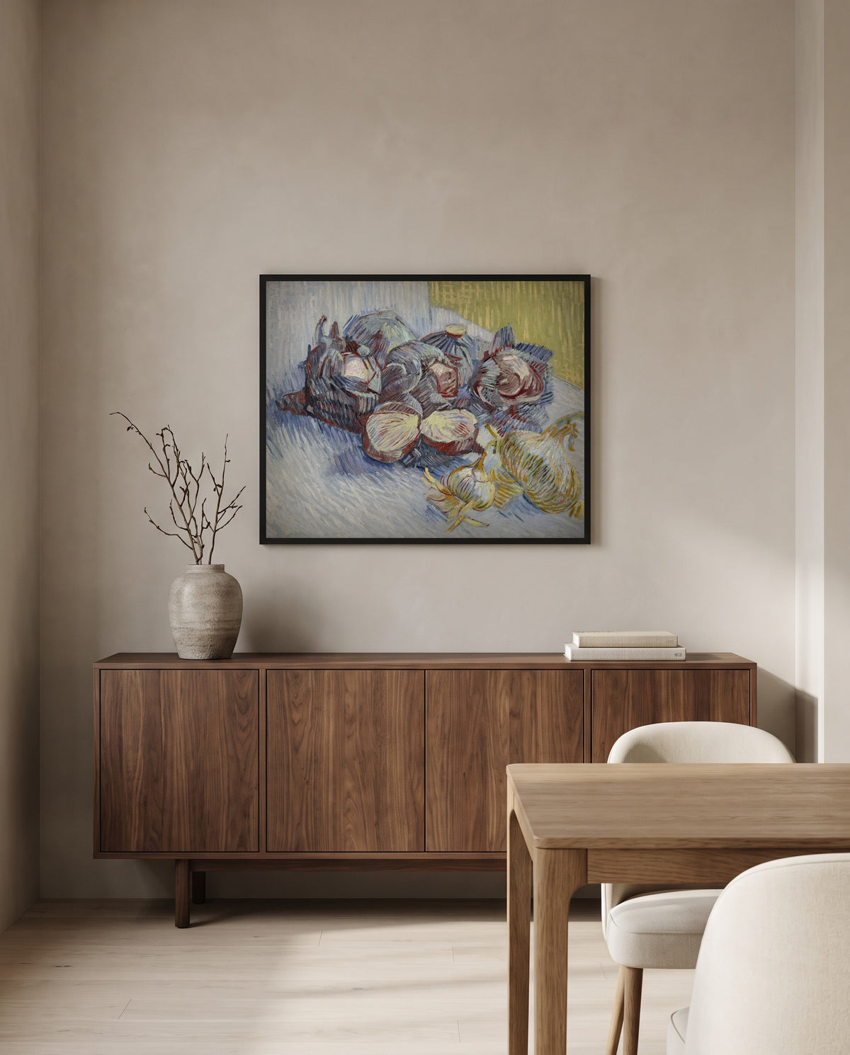 Red Cabbages and Garlic by Vincent van Gogh in a black frame above a walnut sideboard in a dining room