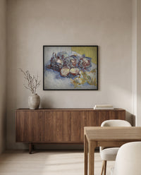 Red Cabbages and Garlic by Vincent van Gogh in a black frame above a walnut sideboard in a dining room