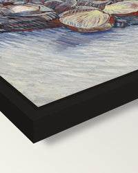 Red Cabbages and Garlic by van Gogh framed canvas, corner close-up: a black floating frame with a shadow gap round the canvas
