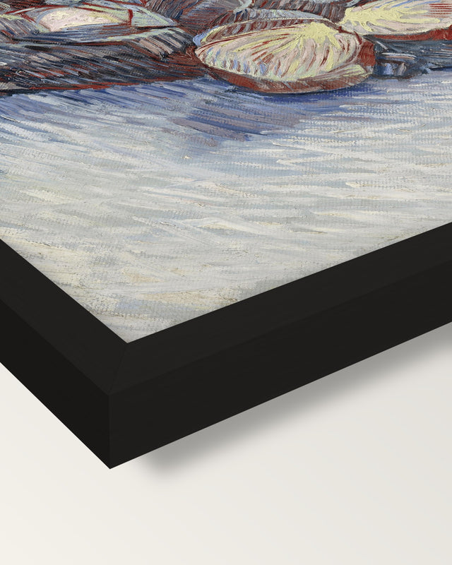Red Cabbages and Garlic by van Gogh framed print, corner close-up: black moulding, mitred, the print set just below its edge