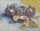 Red Cabbages and Garlic by Vincent van Gogh: purple-blue cabbages and white garlic bulbs on a blue cloth