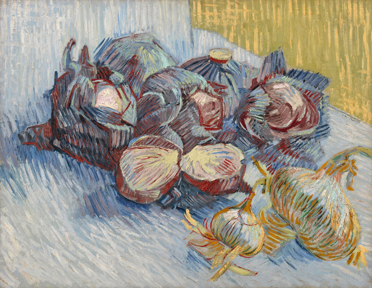 Red Cabbages and Garlic by Vincent van Gogh: purple-blue cabbages and white garlic bulbs on a blue cloth