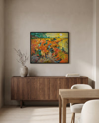 The Red Vineyard by Vincent van Gogh in a black frame above a walnut sideboard in a dining room