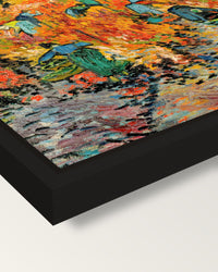 The Red Vineyard by van Gogh framed canvas, corner close-up: a black floating frame with a shadow gap round the canvas