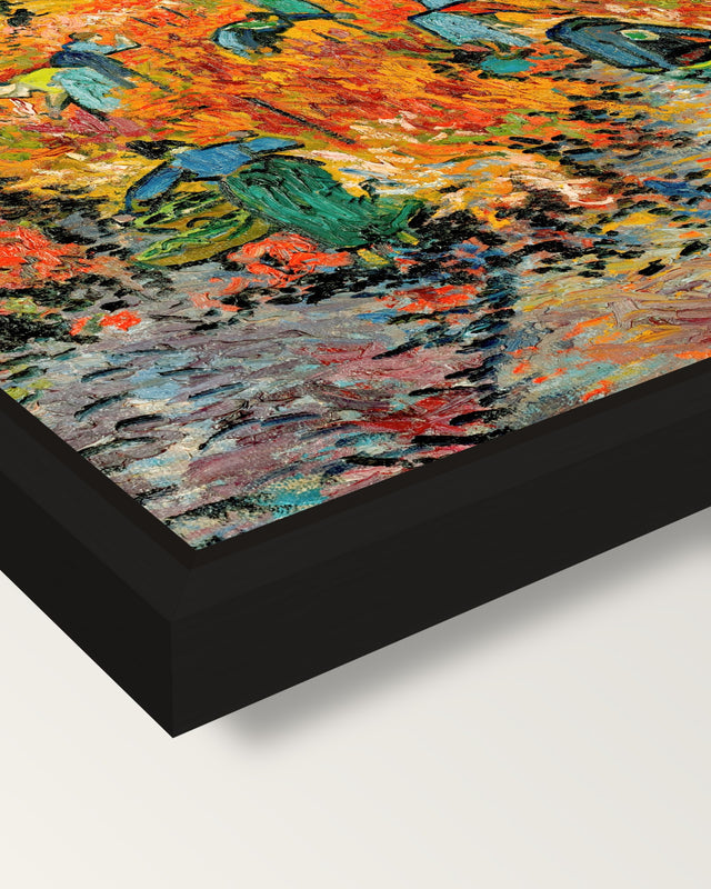 The Red Vineyard by van Gogh framed canvas, corner close-up: a black floating frame with a shadow gap round the canvas