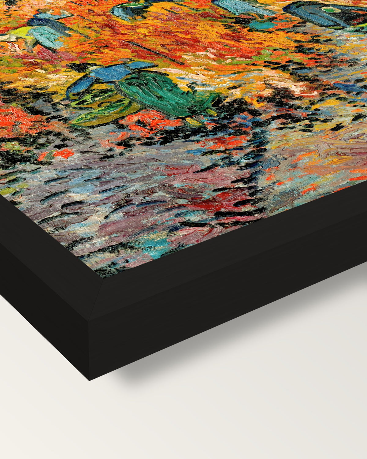 The Red Vineyard by Vincent van Gogh framed print, corner close-up: black moulding, mitred, the print set just below its edge