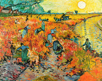The Red Vineyard by Vincent van Gogh: grape pickers bending among red and orange vines beside a river, a low yellow sun