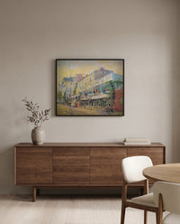 Restaurant de la Sirène by Vincent van Gogh in a black frame above a walnut sideboard in a dining room