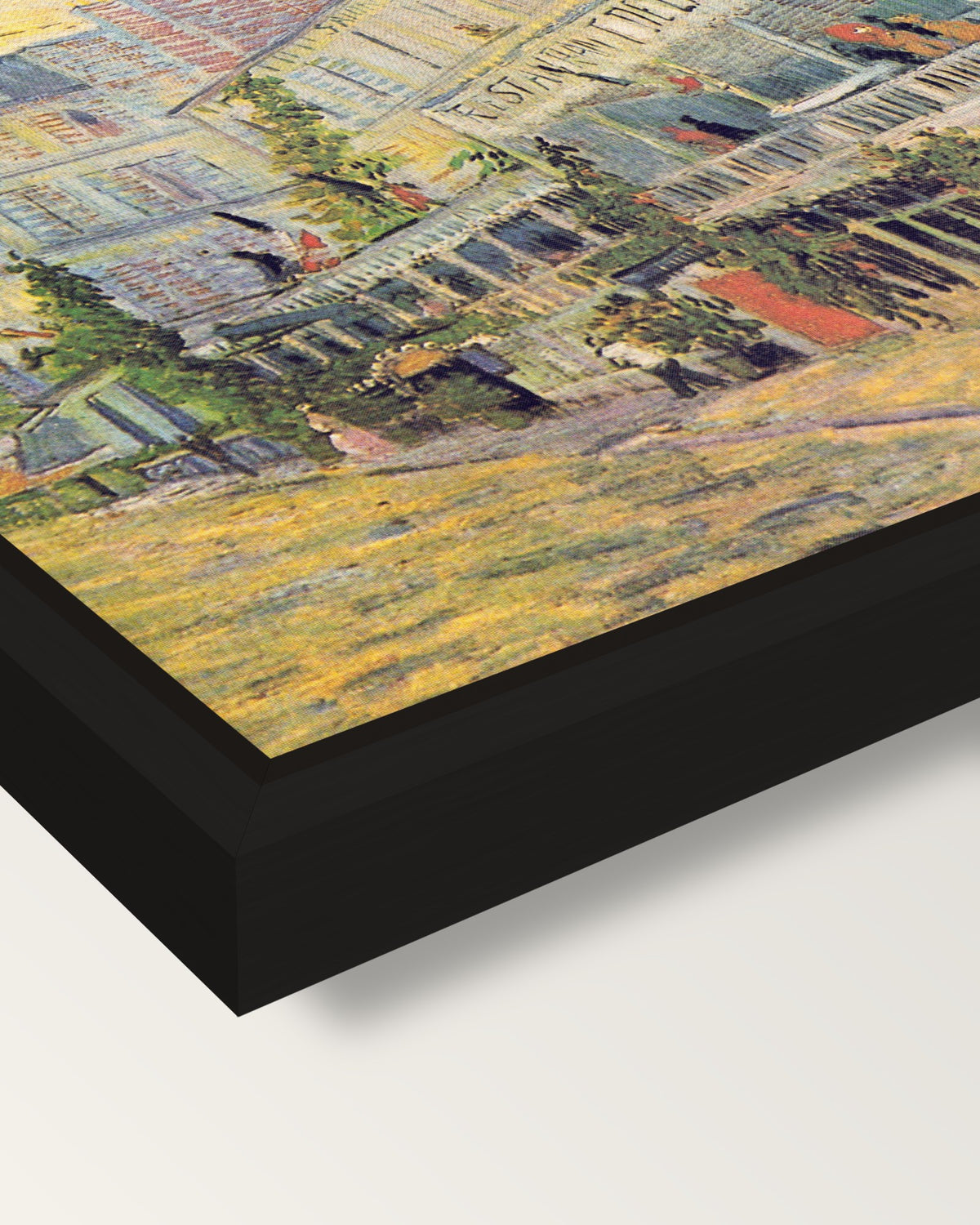 Restaurant de la Sirène by van Gogh framed canvas, corner close-up: a black floating frame with a shadow gap round the canvas