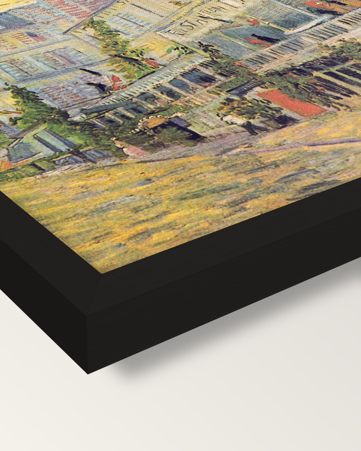 Restaurant de la Sirène by van Gogh framed print, corner close-up: black moulding, mitred, the print set just below its edge