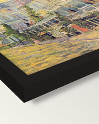 Restaurant de la Sirène by van Gogh framed print, corner close-up: black moulding, mitred, the print set just below its edge