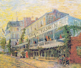 Restaurant de la Sirène by Vincent van Gogh: a long white riverside restaurant with striped awnings and flags