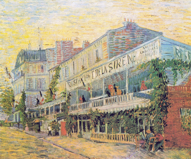 Restaurant de la Sirène by Vincent van Gogh: a long white riverside restaurant with striped awnings and flags