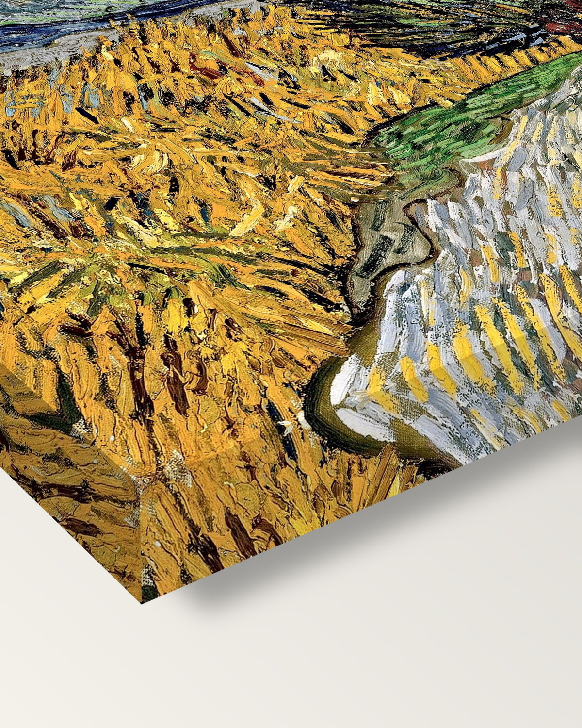 Road with Cypress and Star by van Gogh on stretched canvas, corner close-up: the painting mirror-wrapped round the sides
