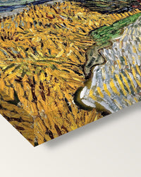 Road with Cypress and Star by van Gogh on stretched canvas, corner close-up: the painting mirror-wrapped round the sides