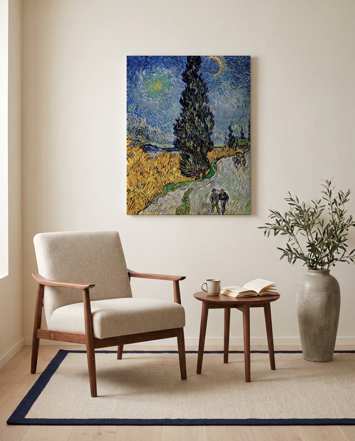 Road with Cypress and Star by Vincent van Gogh as a stretched canvas above a linen lounge chair in a reading corner