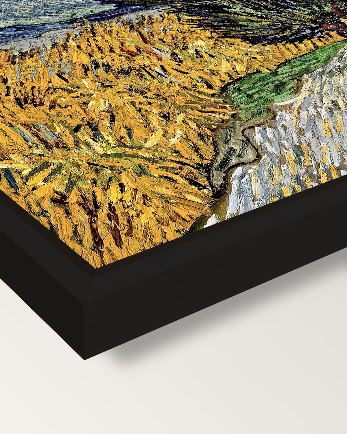 Road with Cypress and Star framed canvas, corner close-up: a black floating frame with a shadow gap round the canvas