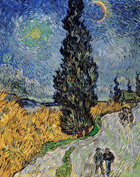Road with Cypress and Star by Vincent van Gogh: a dark cypress between a star and a crescent moon over a night road