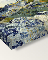 Rocks with Oak Tree by Vincent van Gogh on stretched canvas, corner close-up: the painting mirror-wrapped round the sides