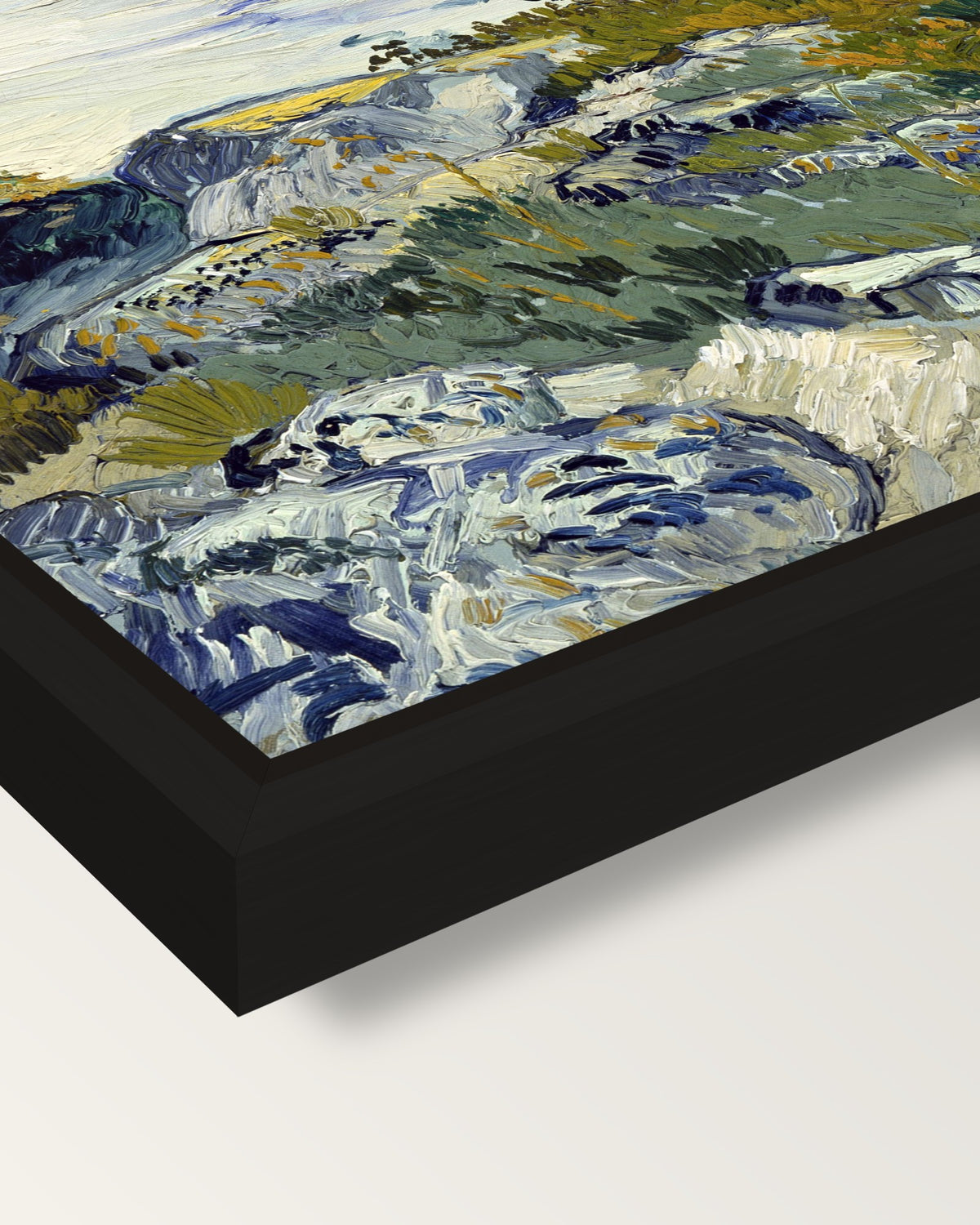 Rocks with Oak Tree by van Gogh framed canvas, corner close-up: a black floating frame with a shadow gap round the canvas