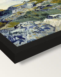 Rocks with Oak Tree by van Gogh framed print, corner close-up: black moulding, mitred, the print set just below its edge