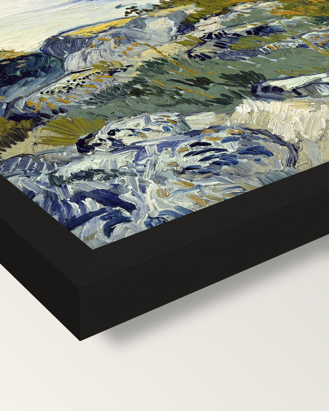 Rocks with Oak Tree by van Gogh framed print, corner close-up: black moulding, mitred, the print set just below its edge