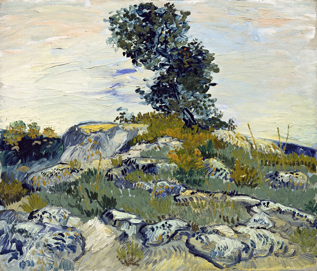Rocks with Oak Tree by Vincent van Gogh: a twisted dark oak growing from grey rocks under a pale blue sky