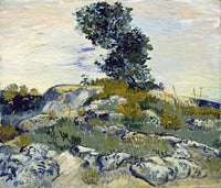 Rocks with Oak Tree by Vincent van Gogh: a twisted dark oak growing from grey rocks under a pale blue sky