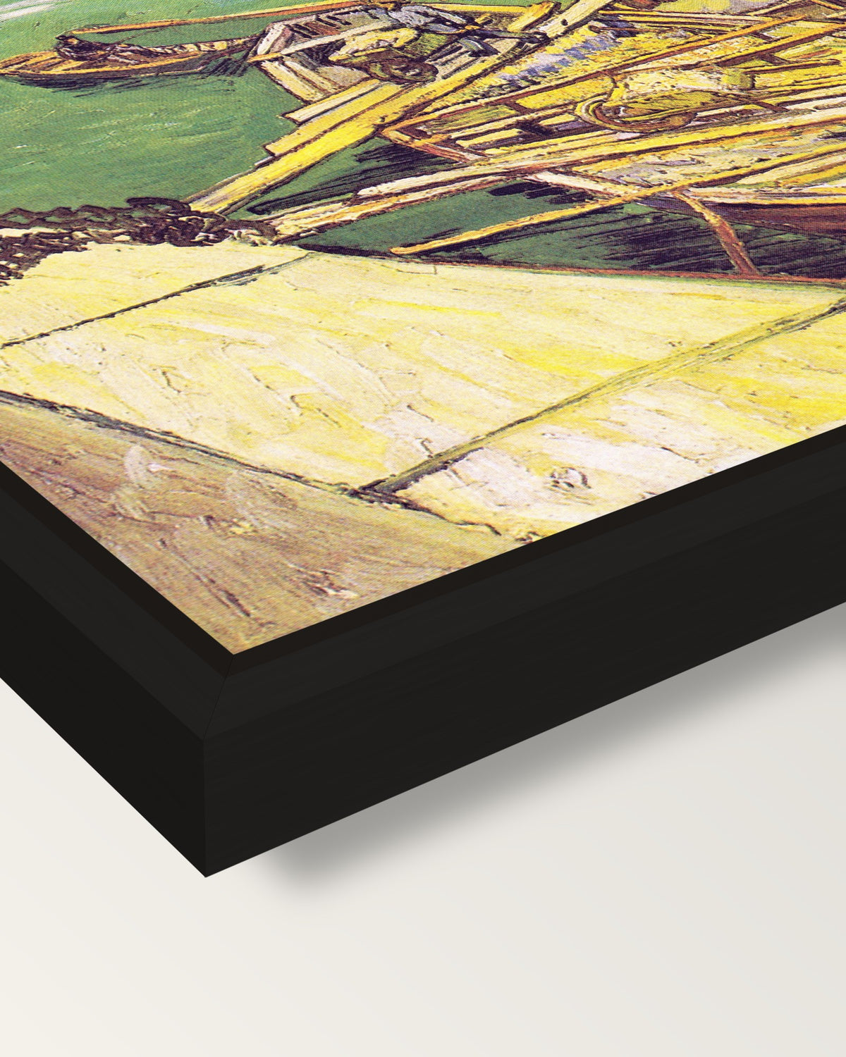 Sand Barges by Vincent van Gogh framed canvas, corner close-up: a black floating frame with a shadow gap round the canvas