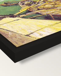 Sand Barges by Vincent van Gogh framed canvas, corner close-up: a black floating frame with a shadow gap round the canvas