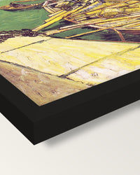 Sand Barges by Vincent van Gogh framed print, corner close-up: black moulding, mitred, the print set just below its edge