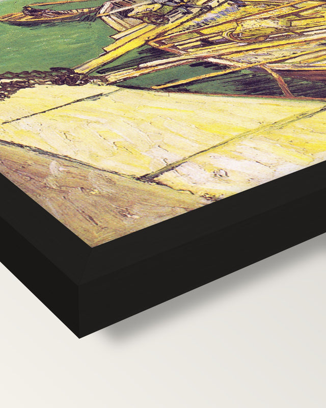 Sand Barges by Vincent van Gogh framed print, corner close-up: black moulding, mitred, the print set just below its edge