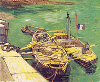 Quay with Men Unloading Sand Barges by Vincent van Gogh: two sand barges in green water seen from a quay above