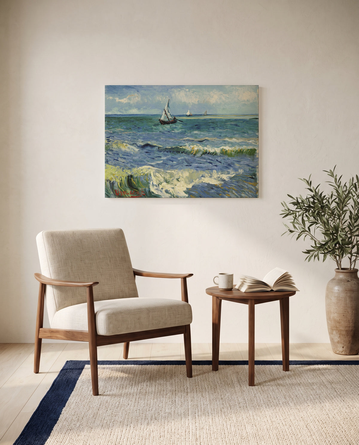 Seascape near Les Saintes-Maries by Vincent van Gogh as a stretched canvas above a linen lounge chair in a reading corner