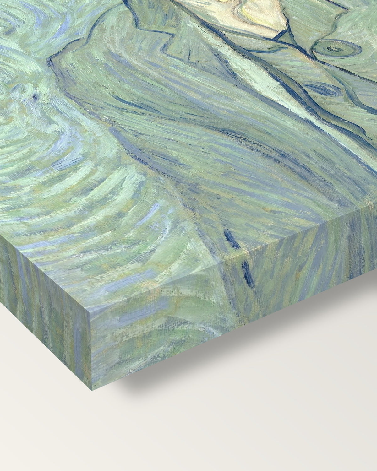 Self-Portrait, 1889 by Vincent van Gogh on stretched canvas, corner close-up: the painting mirror-wrapped round the sides