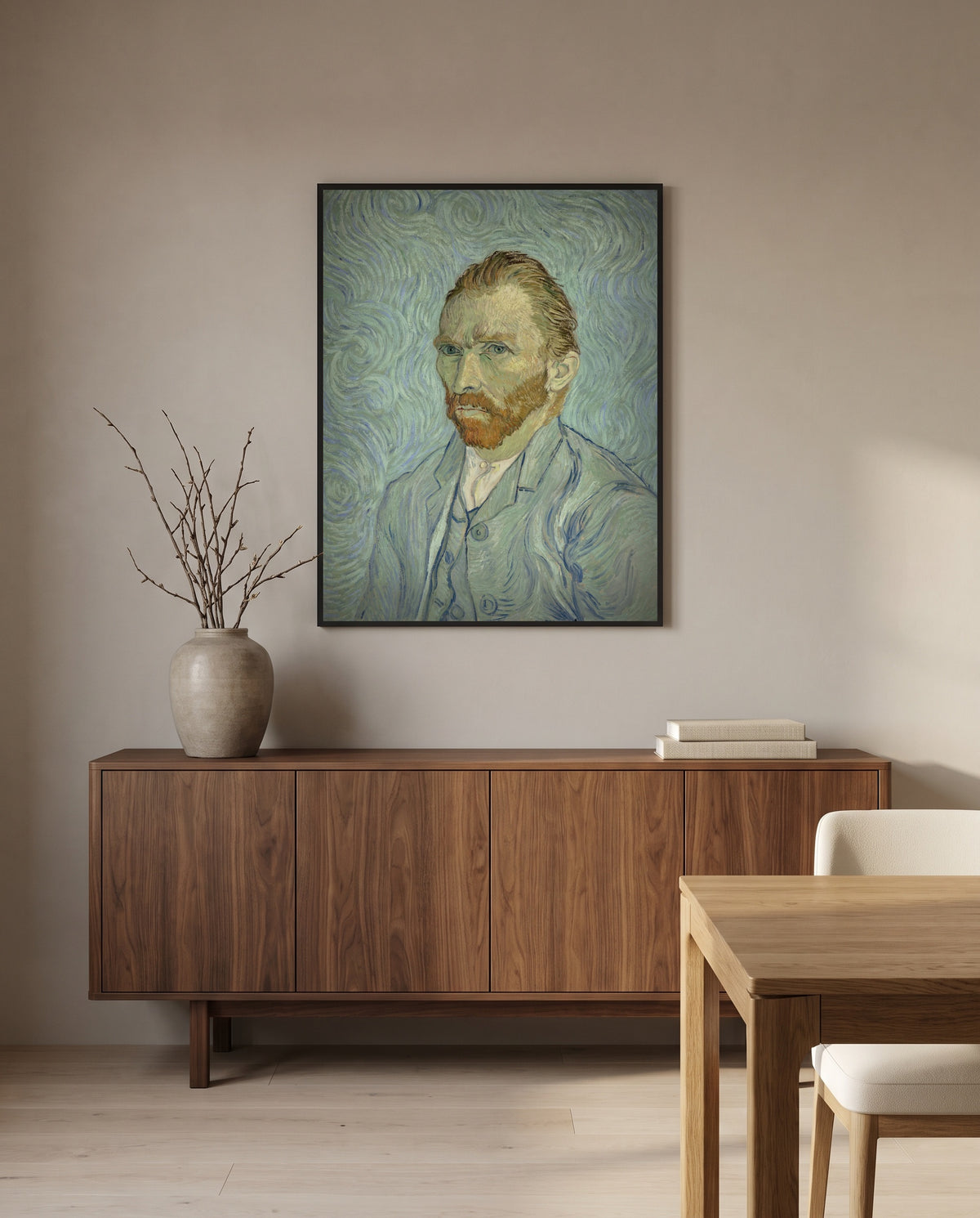 Self-Portrait, 1889 by Vincent van Gogh in a black frame above a walnut sideboard in a dining room