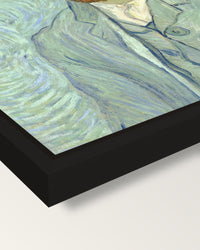 Self-Portrait, 1889 by van Gogh framed canvas, corner close-up: a black floating frame with a shadow gap round the canvas