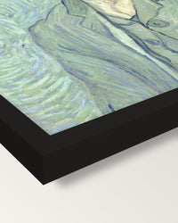Self-Portrait, 1889 by van Gogh framed print, corner close-up: black moulding, mitred, the print set just below its edge