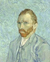 Self-Portrait by Vincent van Gogh, 1889: the artist in a pale blue suit, with red beard, on a swirling blue-green ground