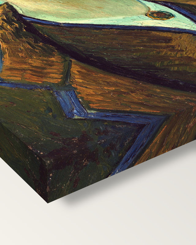 Self-Portrait for Gauguin by van Gogh on stretched canvas, corner close-up: the painting mirror-wrapped round the sides