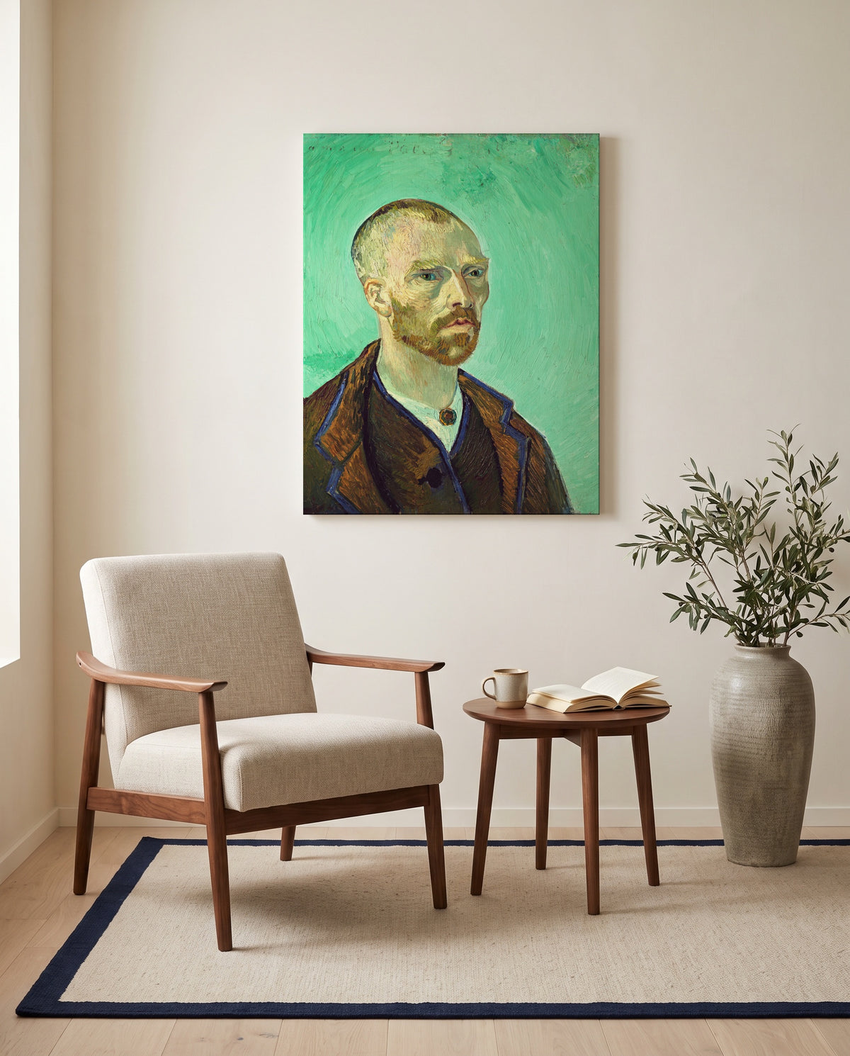 Self-Portrait for Gauguin by Vincent van Gogh as a stretched canvas above a linen lounge chair in a reading corner